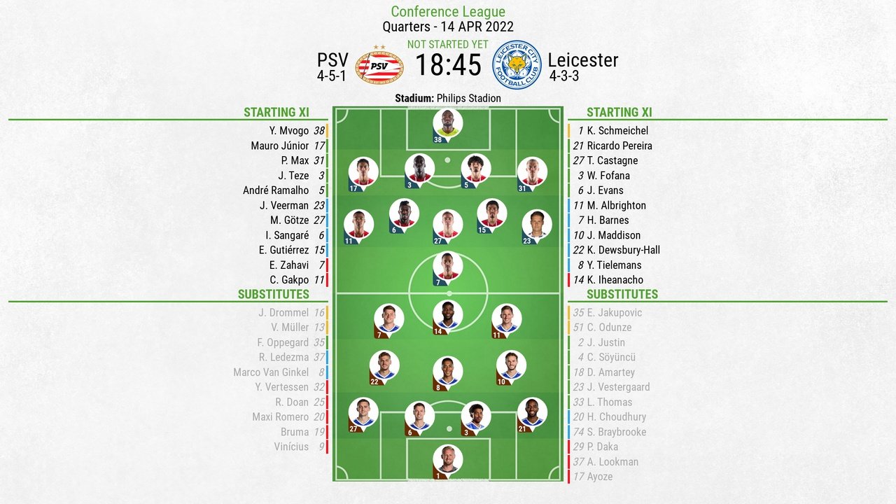 PSV v Leicester, Conference League 2021/22 quarter-final, 2nd leg, 14/4/2022, line-ups. BeSoccer