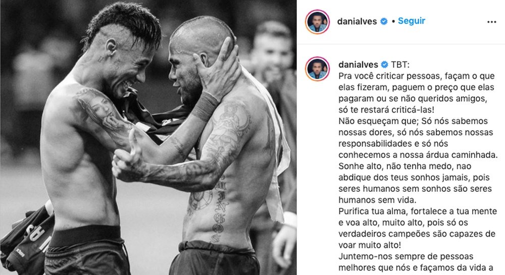 Alves publicó un extenso mensaje para su amigo Neymar. Instagram