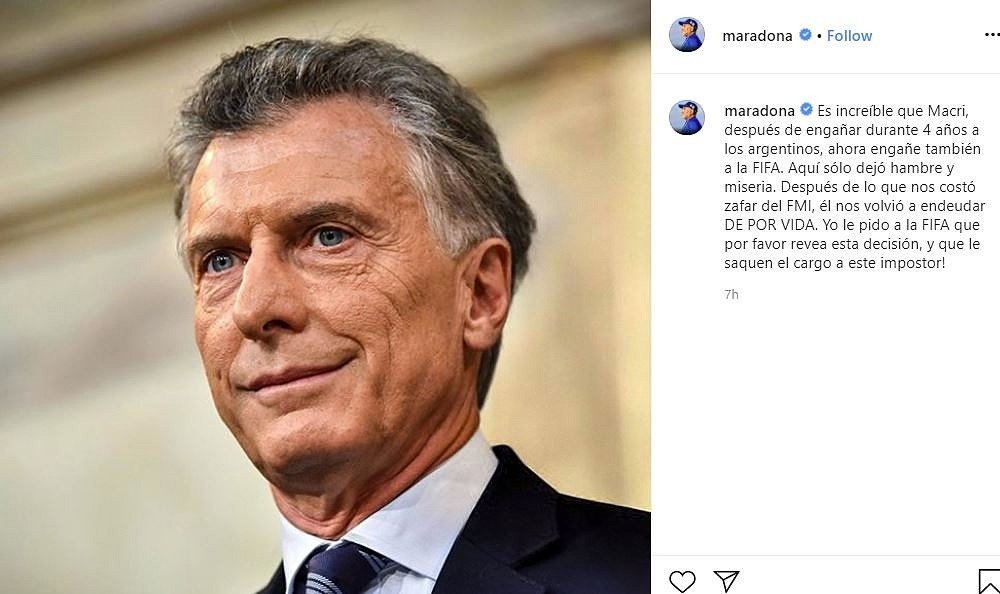 Maradona critica Macri outra vez. Instagram/maradona