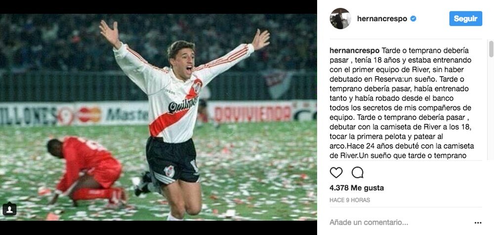 Crespo debutó con 18 años en River Plate. Instagram/HernánCrespo