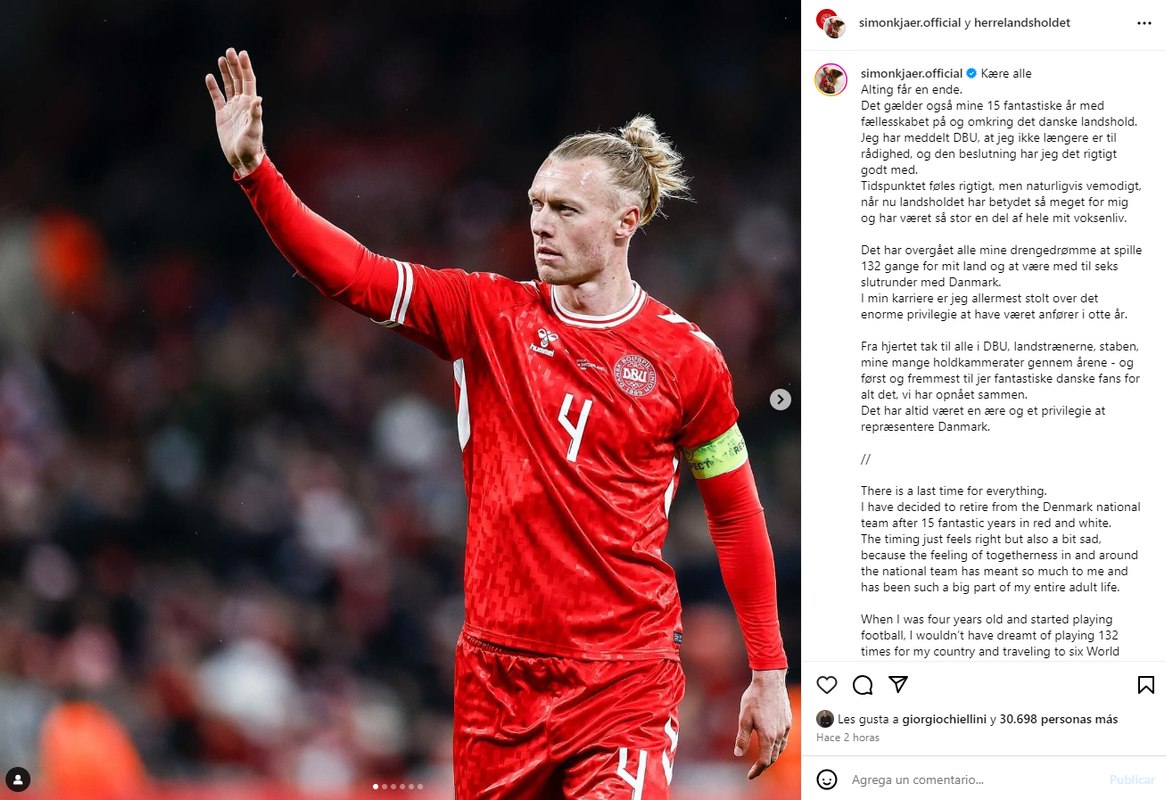 Kjaer, el héroe del desmayo de Eriksen, deja la Selección Danesa