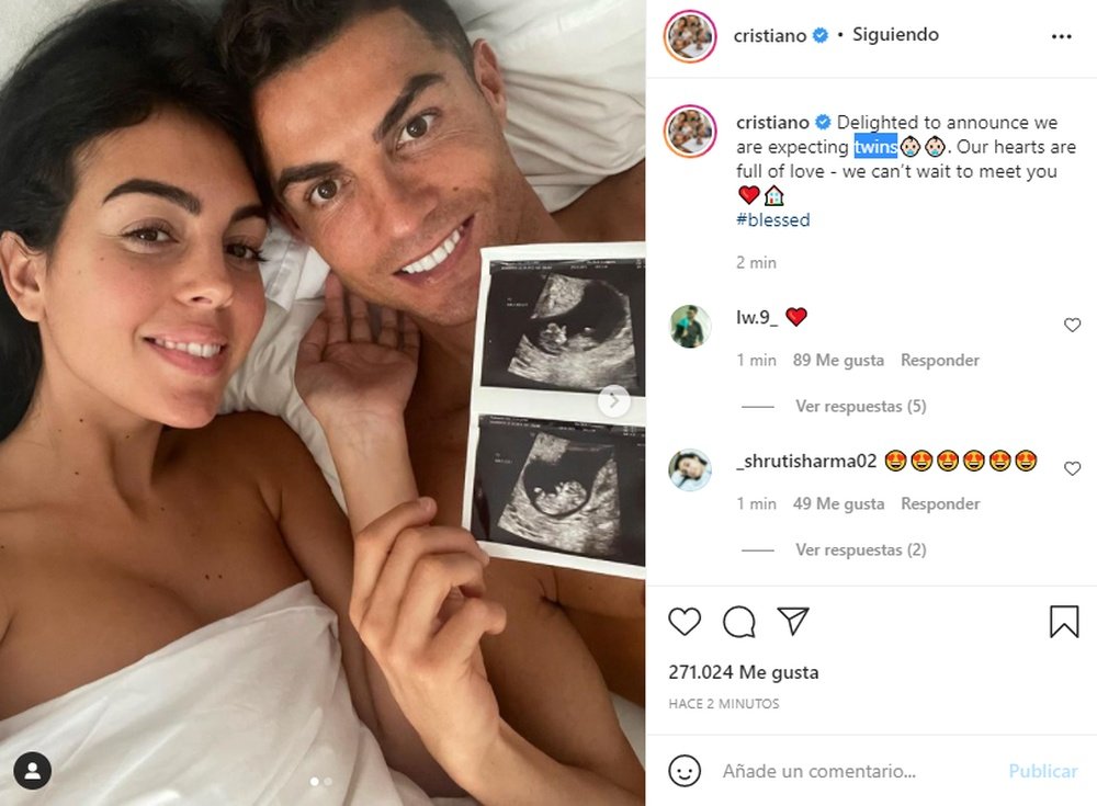 Cristiano Ronaldo confirmou que Georgina está grávida de gêmeos. Captura/Instagram/cristiano