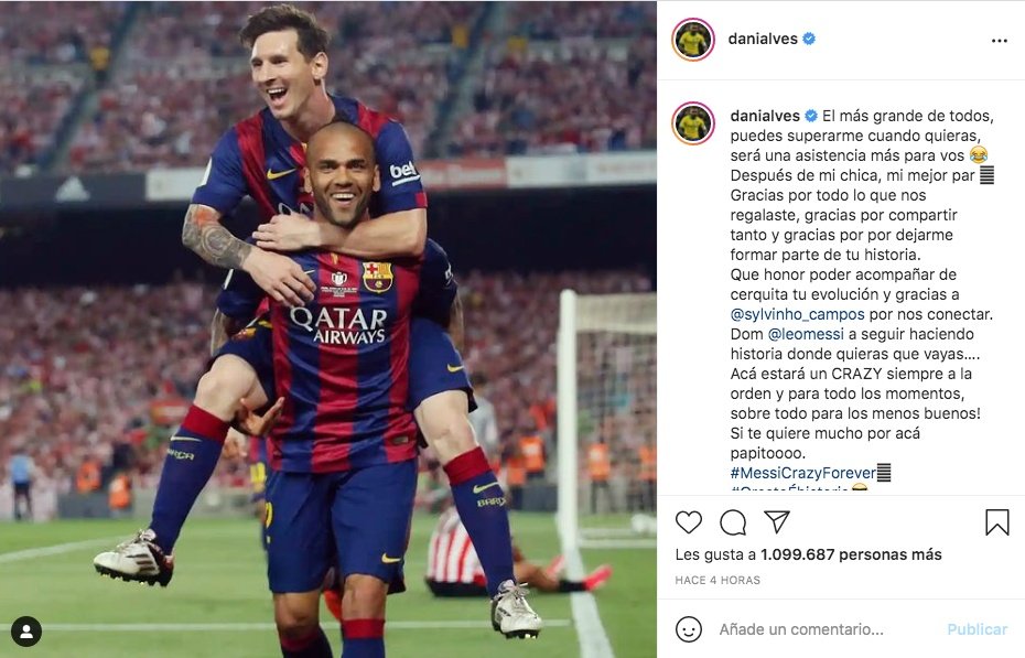 Dani Alves subió una fotografía con Messi. Captura/Instagram/danialves