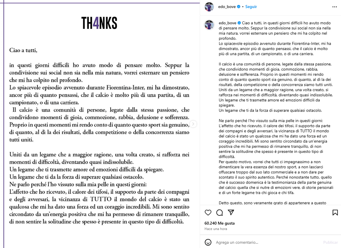 Bove dio las gracias al planeta fútbol: "Nos vemos pronto... en el campo"