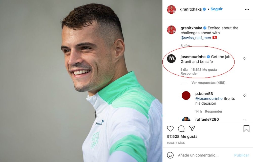 Mou recommended Xhaka to get vaccinated. Screenshot/Instagram/granitxhaka