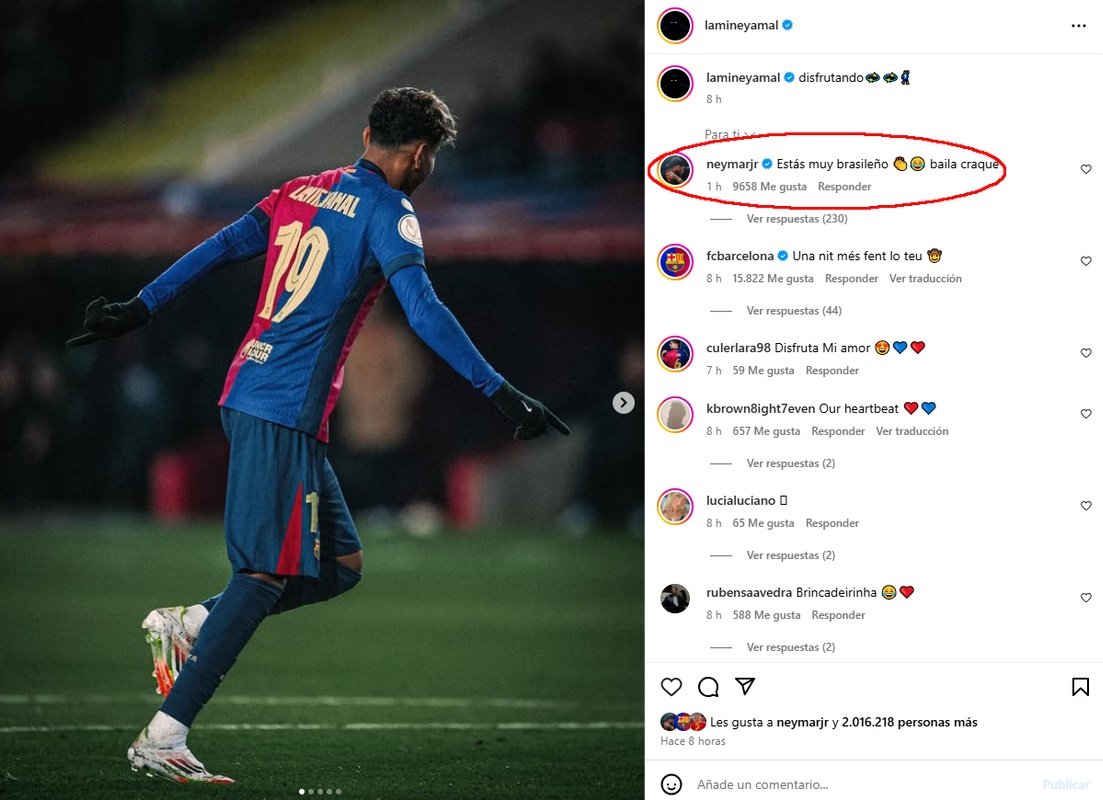 Neymar le puso un comentario a Lamine. Captura/Instagram/lamineyamal