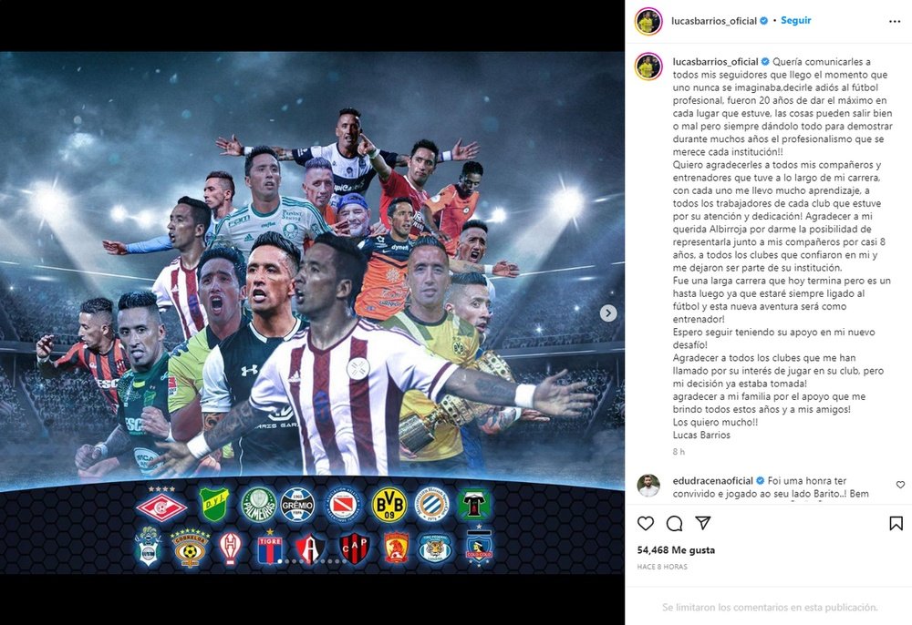 Lucas Barrios se retira. Captura/Instagram/lucasbarrios_oficial