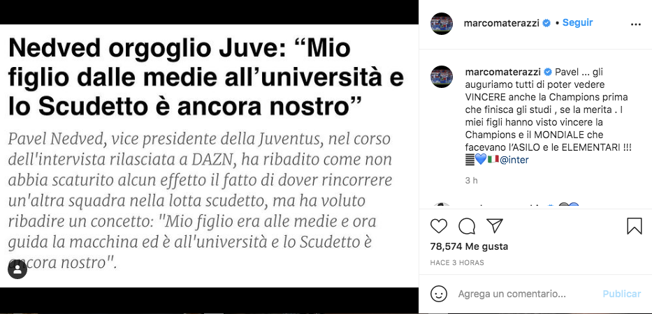 Captura de Instagram de Materazzi