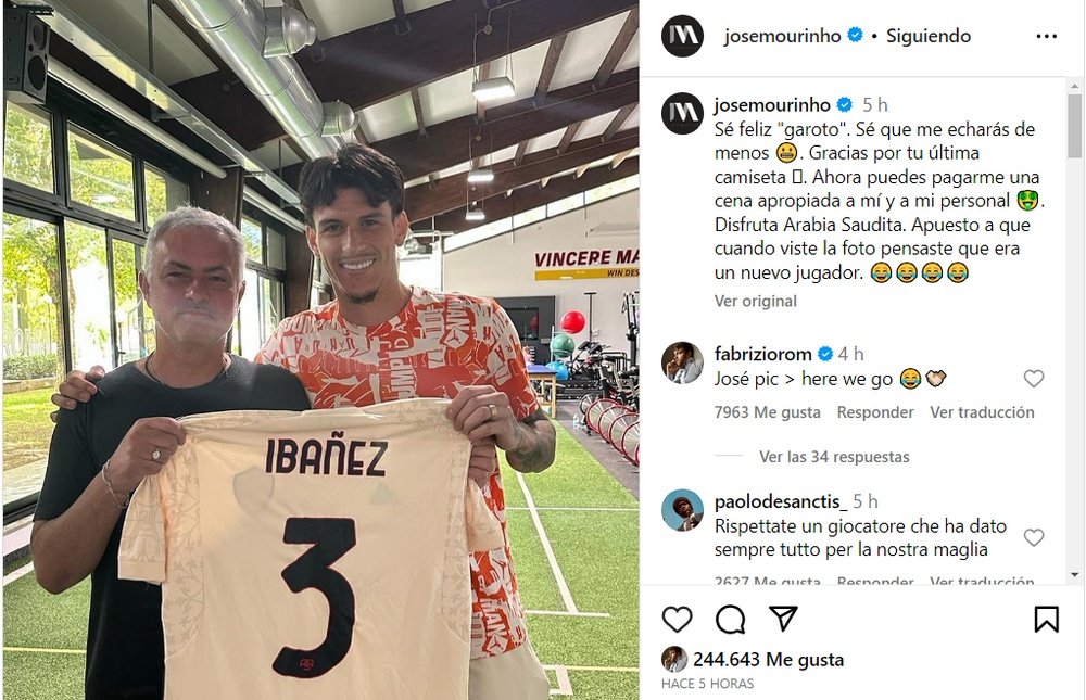 Mourinho confirma a ida de Ibáñez para o futebol saudita. Instagram/josemourinho