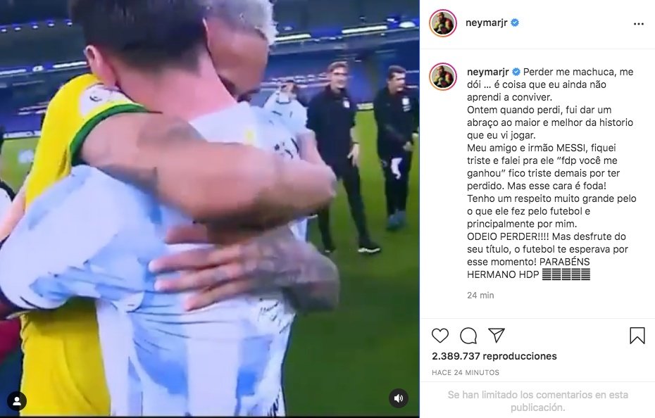 Neymar left Messi an emotional message on his Instagram. Captura/Instagram/neymarjr