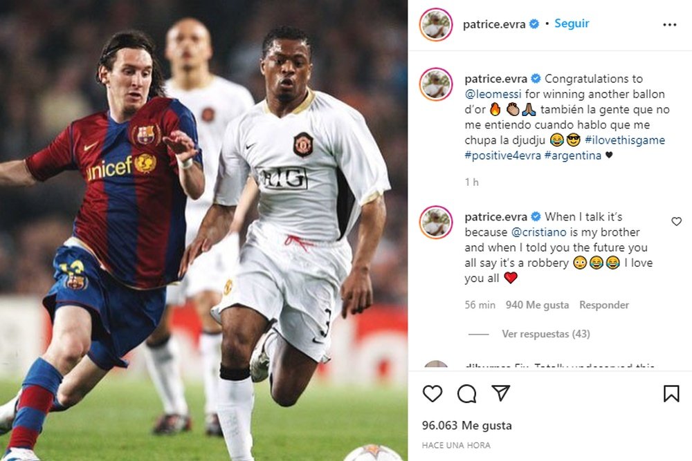 Evra parabeniza Messi pela conquista da Bola de Ouro 2021. Captura/Instagram/patrice.evra