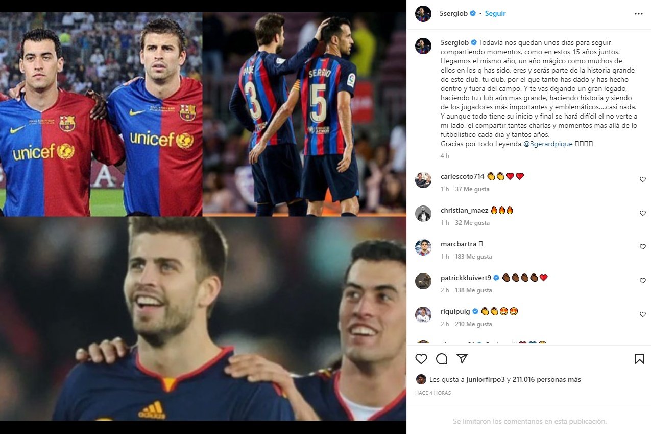 Busquets dedicó un emotivo texto a Piqué "Gracias por todo, leyenda"