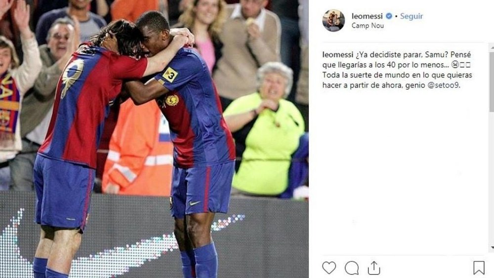 Messi publica mensagem de despedida para Eto'o. Captura/Instagram/leomessi