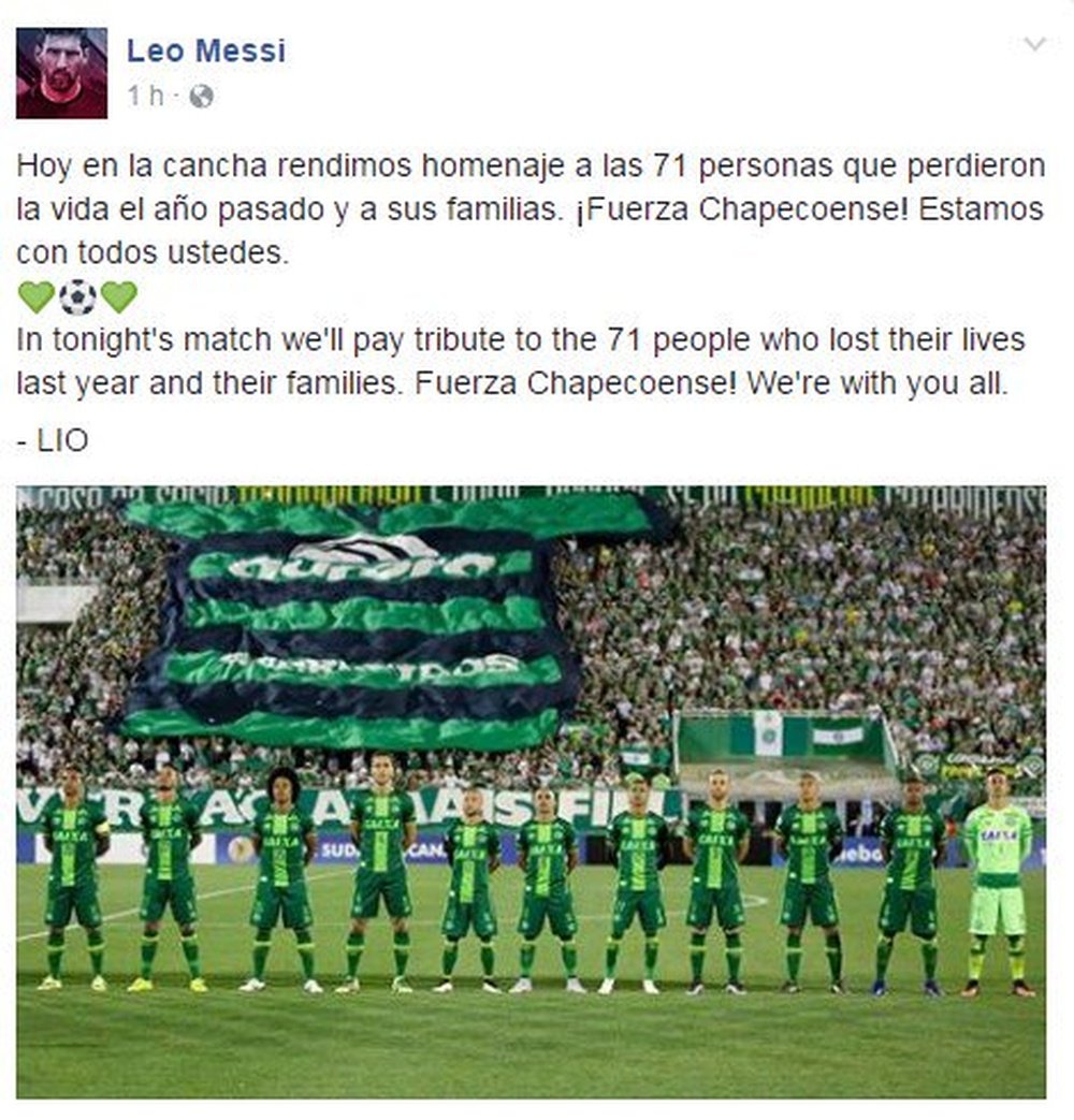 Post de Leo Messi sur son compte Facebook. LeoMessi