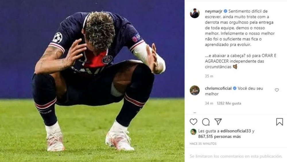 As primeiras palavras de Neymar após a eliminação da Liga dos Campeões. Instagram/neymarjr