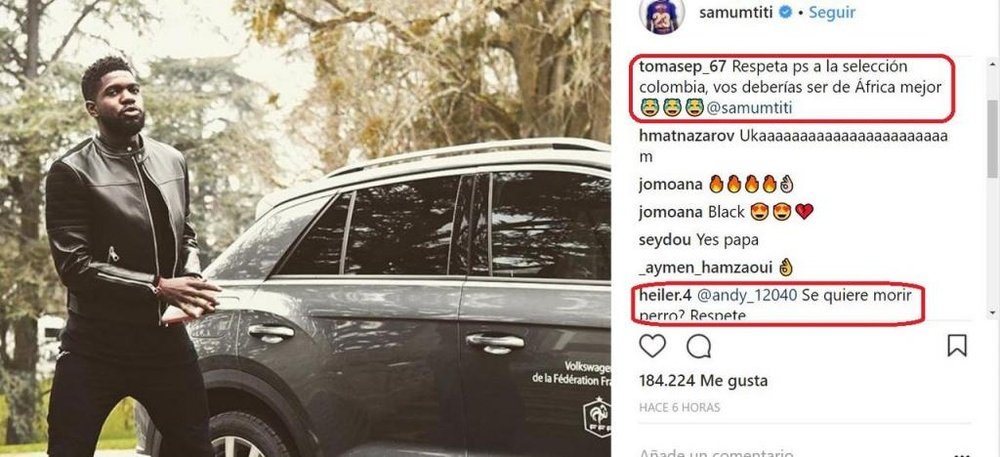 Conta de Umtiti ficou cheia de insultos. Instagram