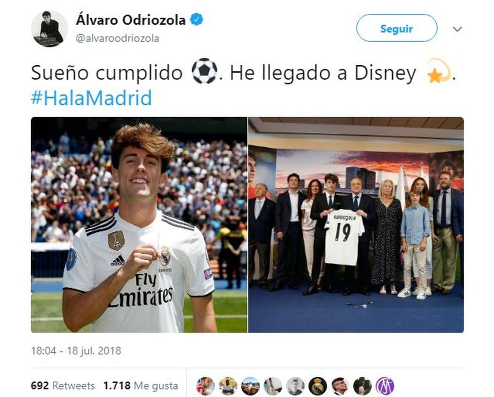 Odriozola ya es jugador del Real Madrid. Twitter/ÁlvaroOdriozola