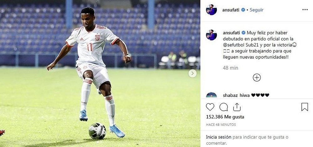 Ansu Fati, satisfeito com estreia pela Espanha. Instagram/ansufati