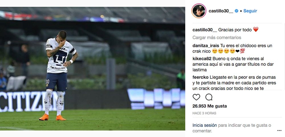 Castillo dejó entrever su salida de Pumas. Instagram/Castillo30