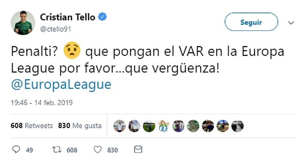 Queja de los jugadores del Betis. Twitter/CTello91