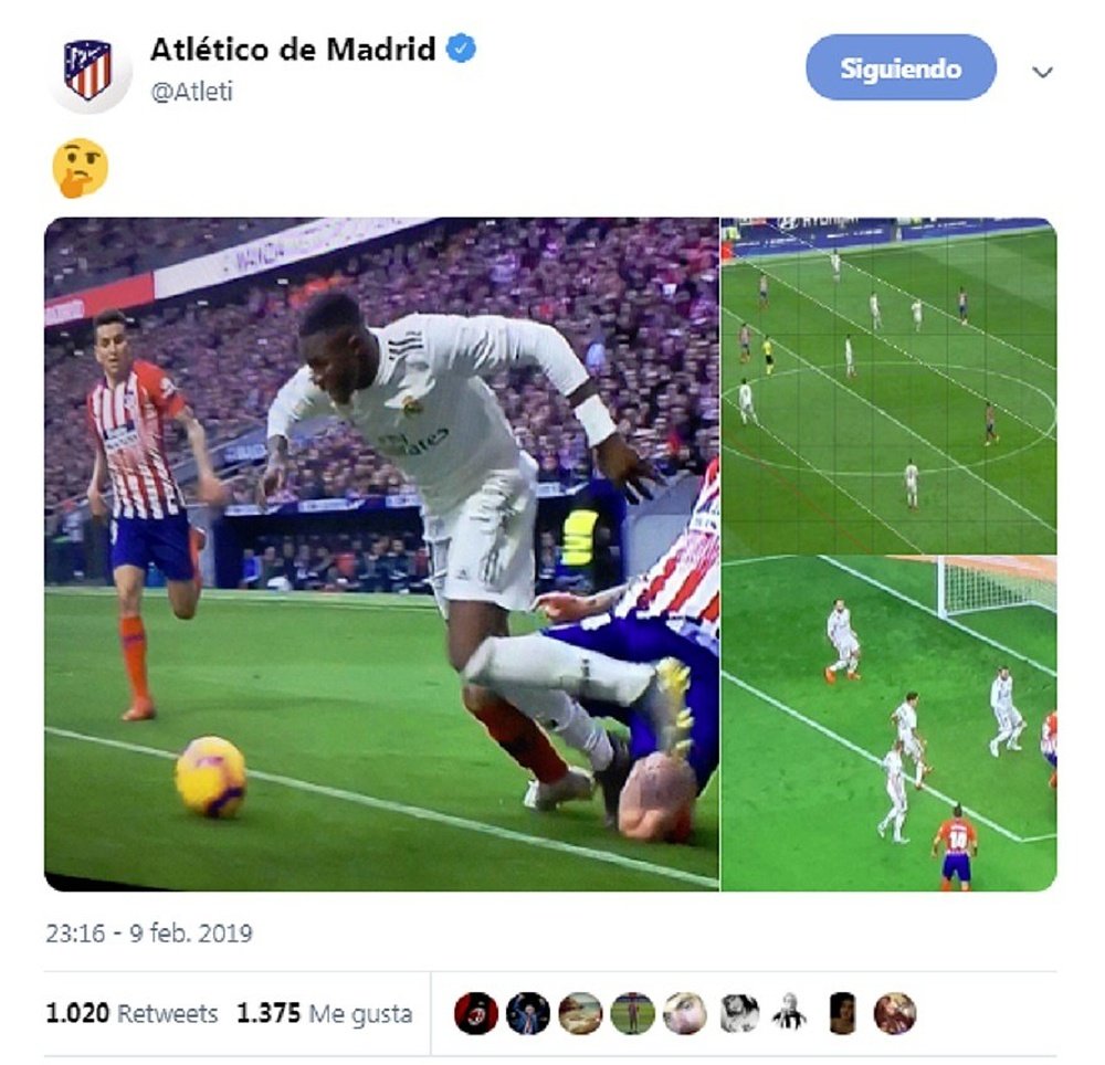 El Atlético, descontento por el arbitraje. Captura/Twitter/Atleti