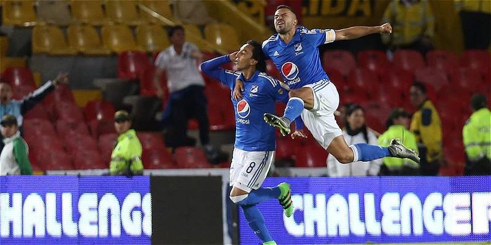 Rafael Robayo celebra el gol de la victoria en el último suspiro ante Tolima. El '8' es la cuarta vez que logra un gol en el tiempo de descuento. Twitter