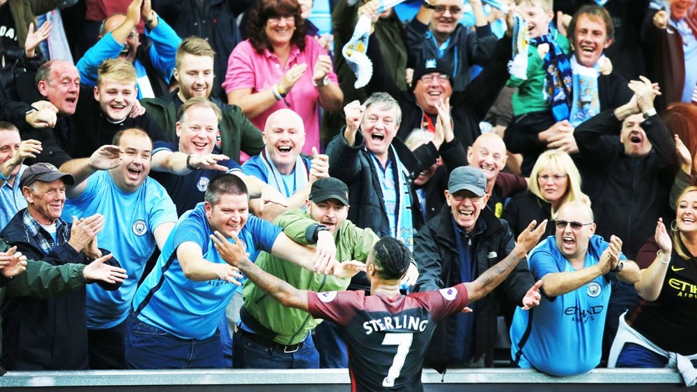 Raheem Sterling celebrates his goal against Swansea. ManCity
