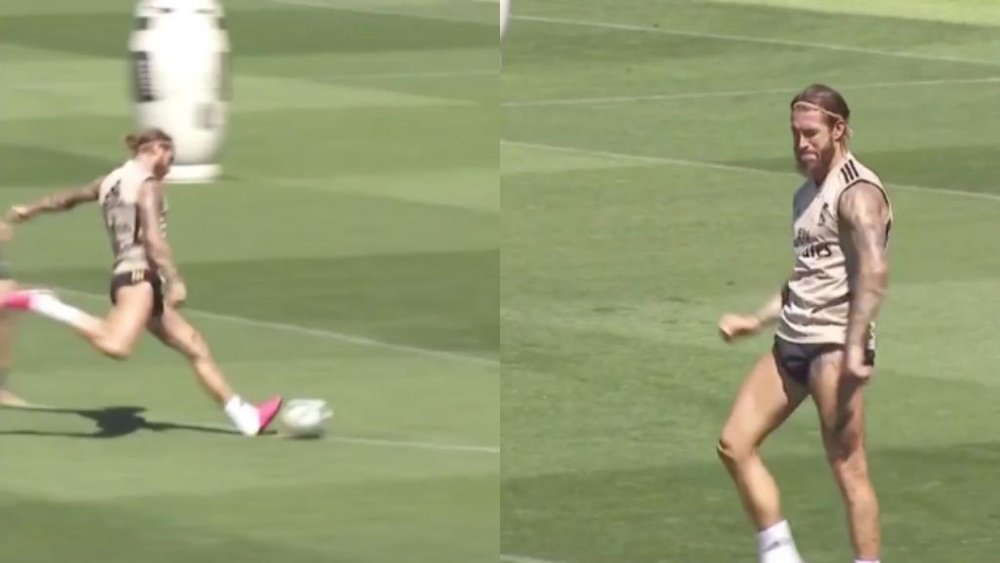 Ramos faz um golaço no treinamento. Captura/Marca