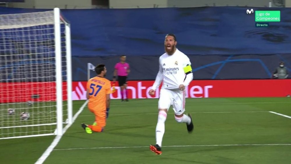 Sergio Ramos got on the scoresheet for RM v Atalanta. Screenshot/MovistarLigadeCampeones