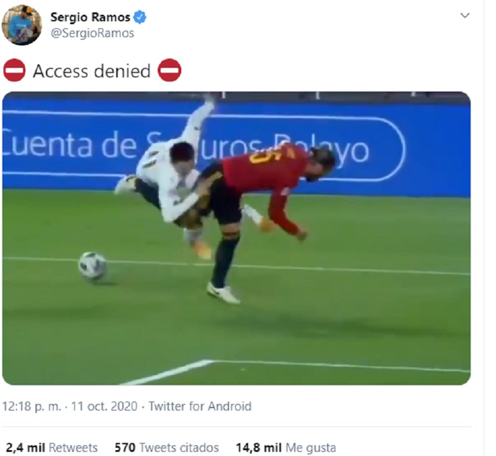 Ramos is proud of his defensive tackle versus Switzerland.  Captura/Twitter/SergioRamos