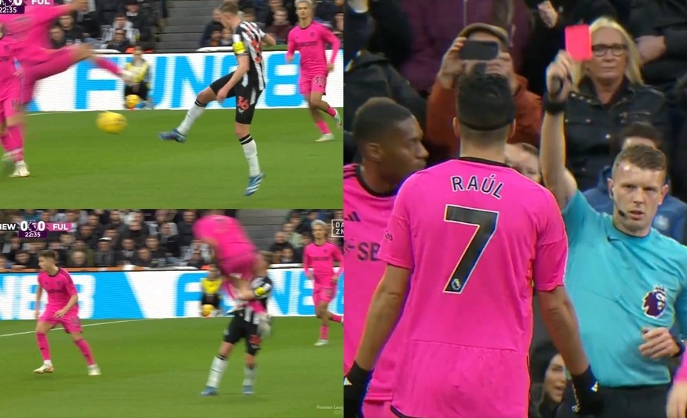 Raúl Jiménez vio la roja directa contra el Newcastle. Capturas/DAZN