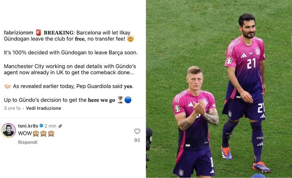 Toni Kroos is very surprised by Gundogan's expected departure from Barca. Instagram/fabriziorom-AFP