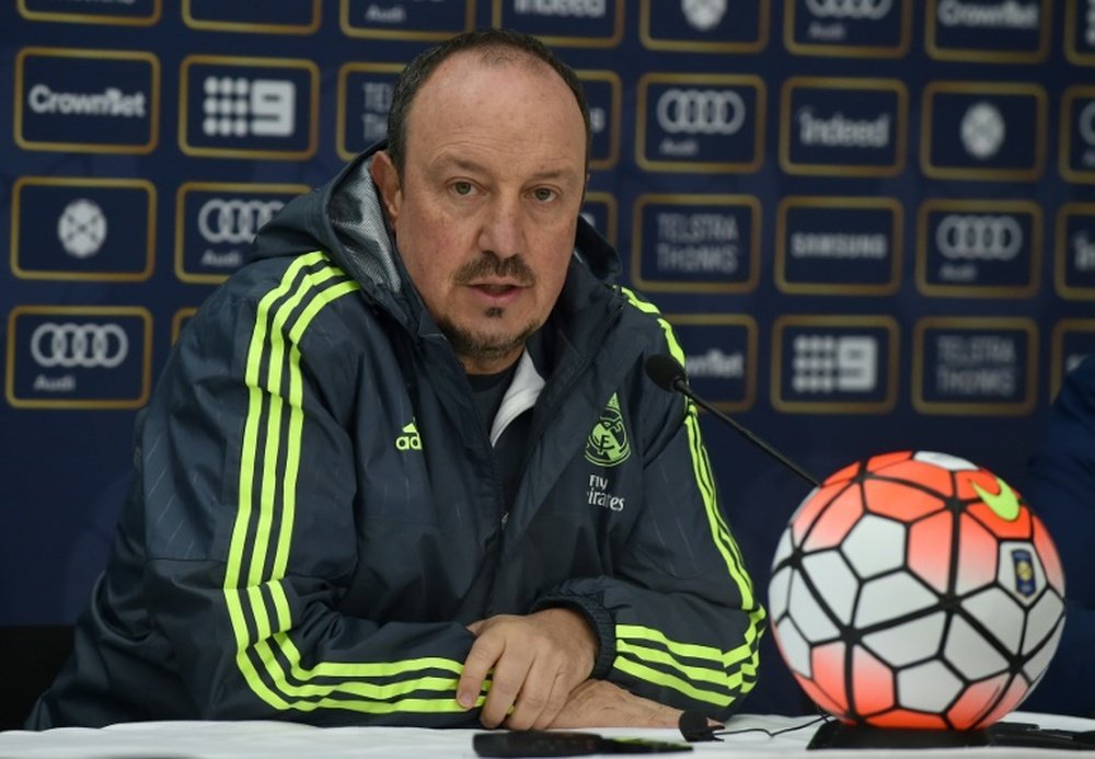 Real Madrid coach Rafa Benitez addresses a press conference at the conclusion of a team training session ahead of the International Champions Cup tournament in Melbourne on July 17, 2015.