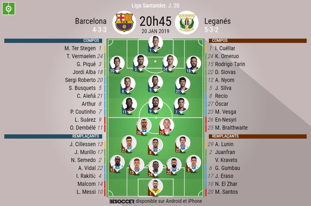 Compos officielles Barça-Leganés, 20ème journée de l'édition 2018-19 de Liga, 20/01/2019. BeSoccer