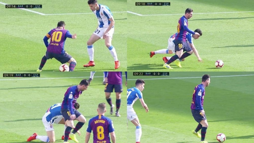Messi 'paró' el tiempo en el Camp Nou y dejó sentado a Roca. Captura/Movistar