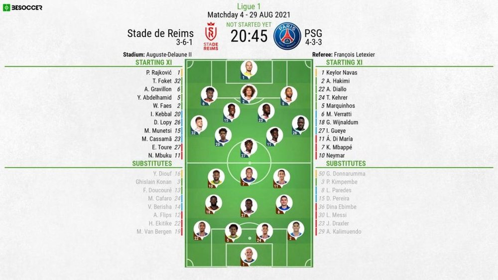Reims v PSG, Ligue 1 2021/22, matchday 4, 29/8/2021, line-ups. BeSoccer