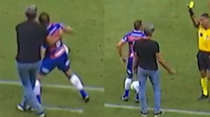 Renato Gaúcho pulls a player and gets booked. Reprodução/Premier