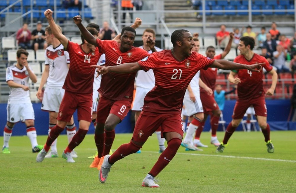 Ricardo of Portugal celebrates scoring his team second goal during the UEFA Under 21 European Championship 2015 semi final football match between Portugal and Germany in Olomouc, Czech Republic on June 27, 2015