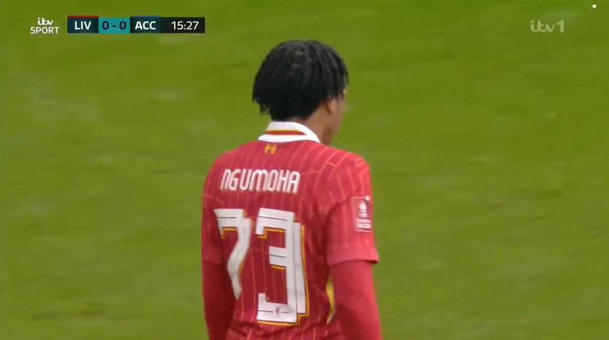 Rio Ngumoha starts against Accrington Stanley in the FA Cup. Screenshot/ITV Sport