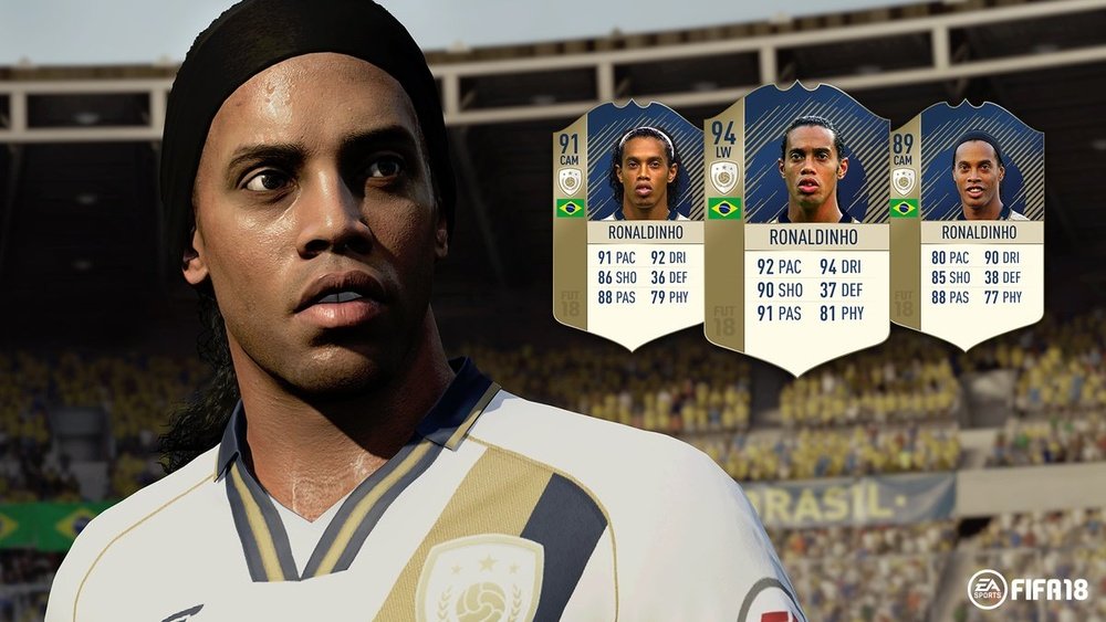 Ronaldinho y sus tres versiones del FIFA 18. EASPORTS