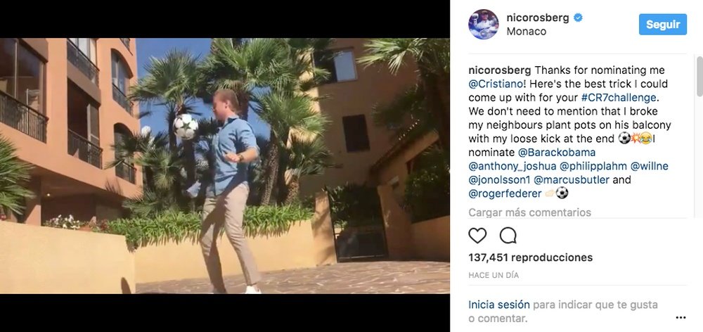 Rosberg realizó el reto al que le nominó Cristiano Ronaldo. Instagram/NicoRosberg