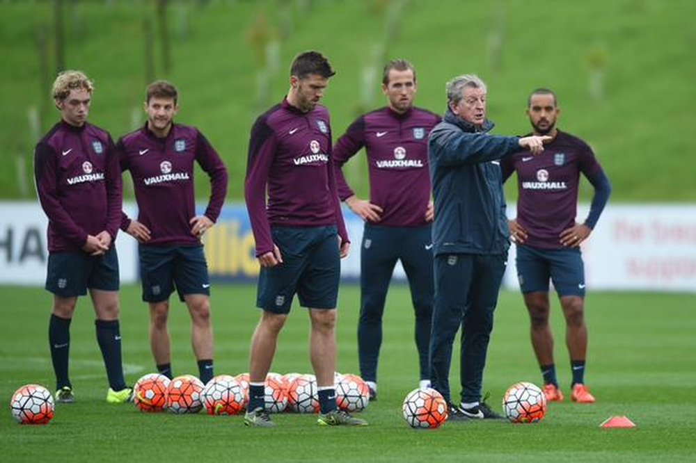 Roy Hodgson gives instructions in training this morning. Twitter