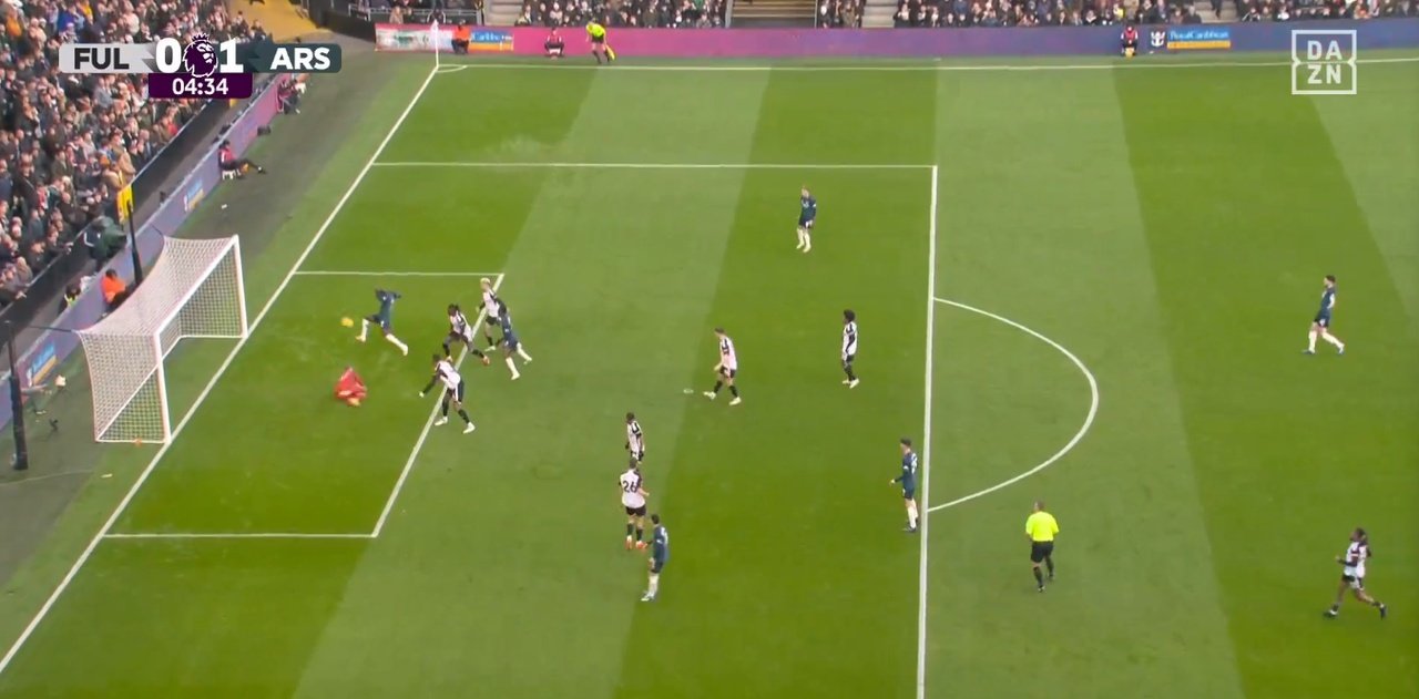 Saka puts Gunners ahead at Craven Cottage. Screenshot/Dazn