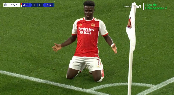Saka scores first Champions League goal, gives Arsenal the lead