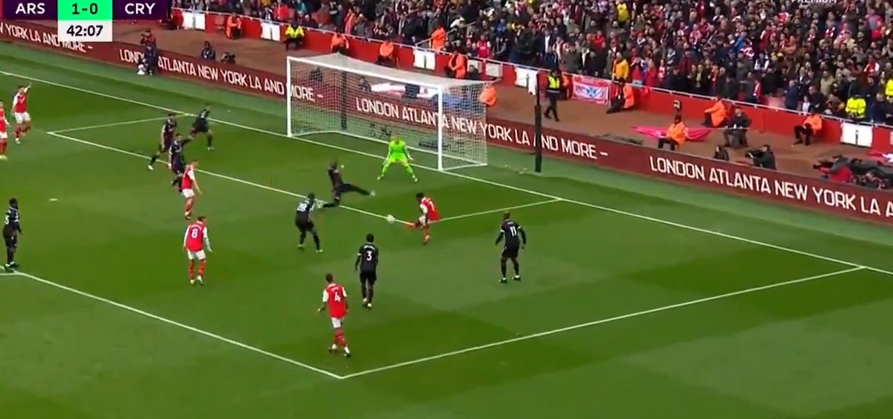 Saka scores the second goal for the Gunners in the 43rd minute. Screenshot/beINSports