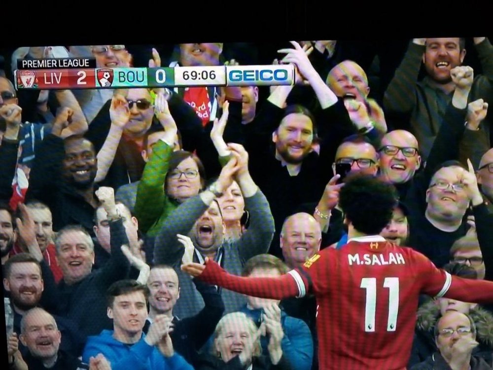 Salah celebra el gol anotado ante el Bournemouth. Twitter/Grammarous