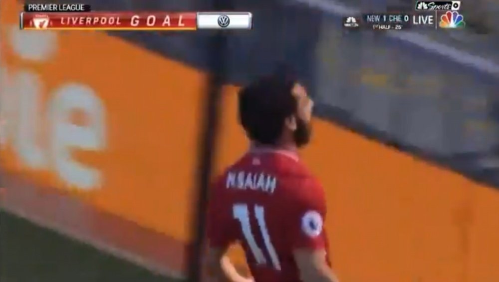 Salah celebrates record goal v Brighton. Screenshot/NBC