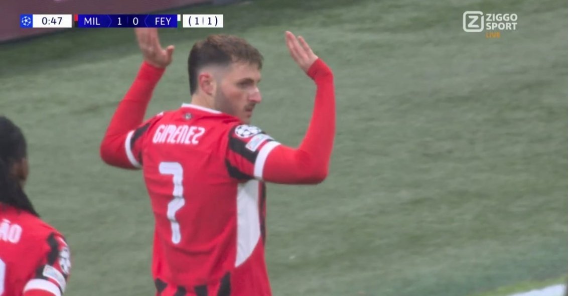 Santiago Gimenez porta in vantaggio il Milan sul Feyenoord dopo 38 secondi. ZiggoSport