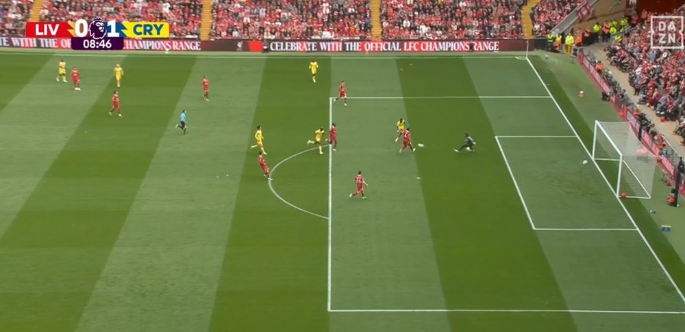 Sarr’s early Strike puts Crystal Palace in front against Liverpool at Anfield. Screenshot/DAZN