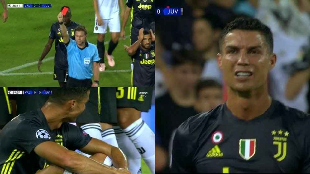 Cristiano, expulsado, rompió a llorar en Mestalla. Capturas/ESPN